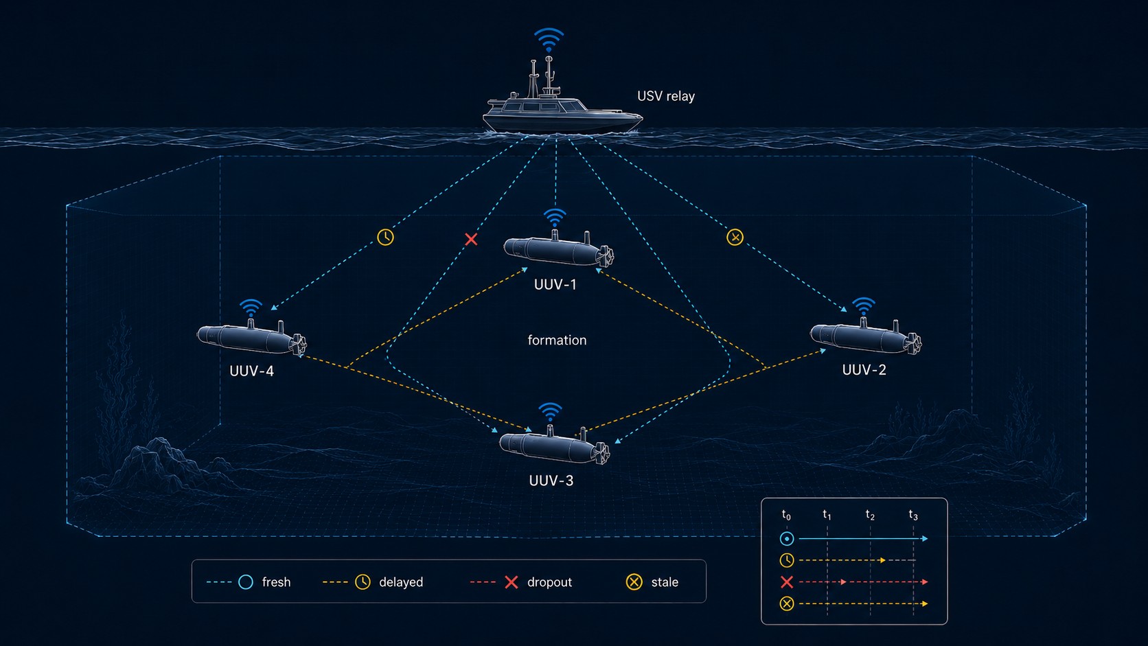 Cooperative UUV swarm operation under communication constraints